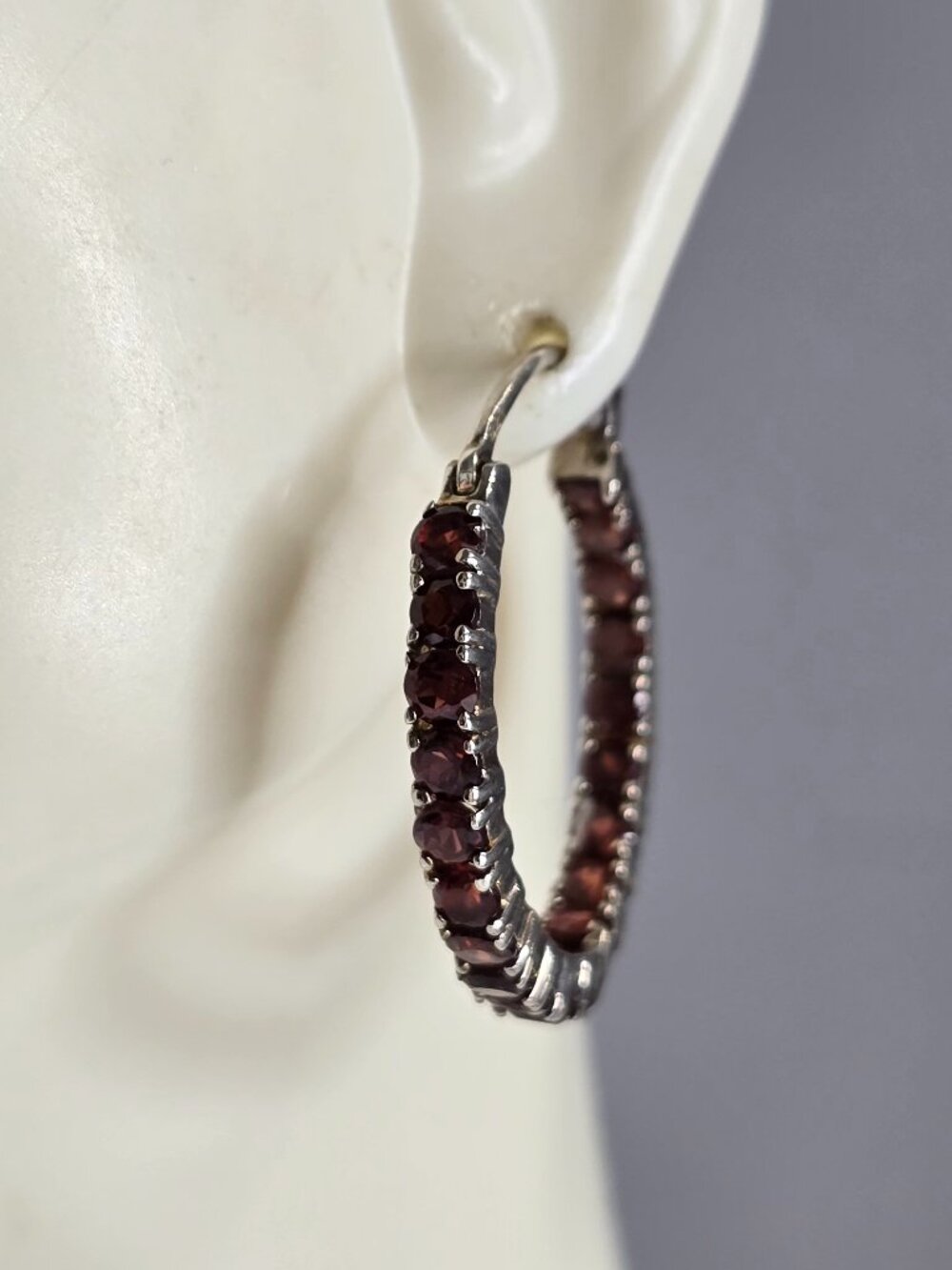 Womens Vintage Estate Sterling Silver Garnet Hoop Earrings 6.9g E1981